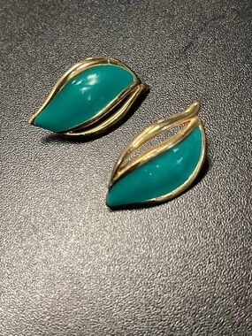 Gold-Tone Teal Leaf Clip-On Earrings - Women Jewelry-A1